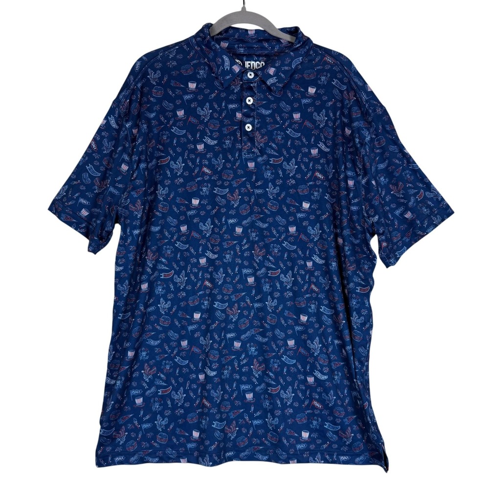 JEDCO Polo Shirt Mens Large Blue Patriotic USA Fireworks Graphic Stretch America